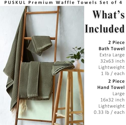 PÜSKÜL Natural 100% Turkish Cotton Waffle Towels Set of 4-Piece Khaki Green