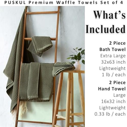 PÜSKÜL Natural 100% Turkish Cotton Waffle Towels Set of 4-Piece Khaki Green