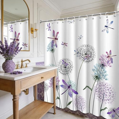 Blue Purple Dandelion Shower Curtain Spring Dragonfly Lavender Grey White Watercolor Shower Curtains for Bathroom Decor, Waterproof Cloth Fabric with Hooks 70" Wx72 L