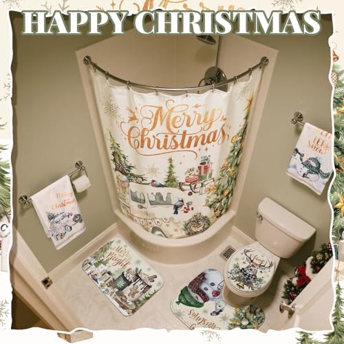 FuWeave 8 Pcs Christmas Shower Curtain Set Xmas Santa Bathroom Decoration Christmas Tree Hand Towels Snowman Toilet Lid Cover Bathroom Rugs Xmas Shower Curtain with Hooks (Vintage Style)