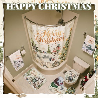 FuWeave 8 Pcs Christmas Shower Curtain Set Xmas Santa Bathroom Decoration Christmas Tree Hand Towels Snowman Toilet Lid Cover Bathroom Rugs Xmas Shower Curtain with Hooks (Vintage Style)