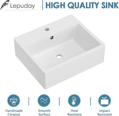 Wall Mounted Bathroom Sink 20"x17" Ceramic Floating Vessel Sink | Wall Hung Ceramic Bathroom Sink White Rectangular Wall Mount Wash Basin Porcelain Lavatory Sink