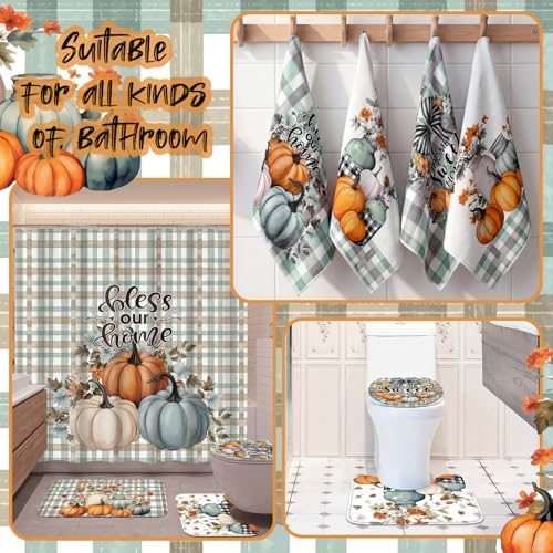 Honoson 8 Pcs Fall Pumpkin Plaid Shower Curtain Set, Bless Our Home Farmhouse Country Bath Decor with Non Slip U Mat, Rectangular Toilet Cover Towels for Autumn Thanksgiving Housewarming Decor