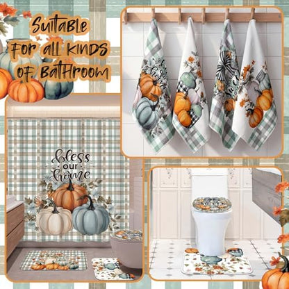 Honoson 8 Pcs Fall Pumpkin Plaid Shower Curtain Set, Bless Our Home Farmhouse Country Bath Decor with Non Slip U Mat, Rectangular Toilet Cover Towels for Autumn Thanksgiving Housewarming Decor
