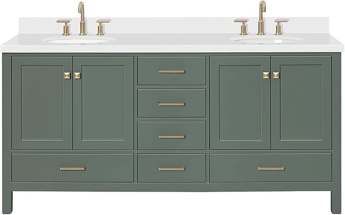 ARIEL Cambridge 72-inch Bathroom Vanity with Sink,Solid Wood, 1.5-inch Pure White Quartz Countertop & Backsplash, Double Oval Porcelain Sink, 4 Soft Closing Doors, 6 Dovetail Drawers, Vintage Green