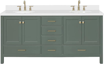 ARIEL Cambridge 72-inch Bathroom Vanity with Sink,Solid Wood, 1.5-inch Pure White Quartz Countertop & Backsplash, Double Oval Porcelain Sink, 4 Soft Closing Doors, 6 Dovetail Drawers, Vintage Green