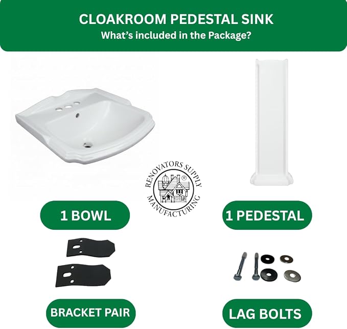 Renovators Supply Manufacturing Cloakroom Space Saving 19" W x 34" H x 15" Proj. Small Bathroom Pedestal Sink, Vitreous China, with Overflow, Compatible with 4 in. Centerset Faucets