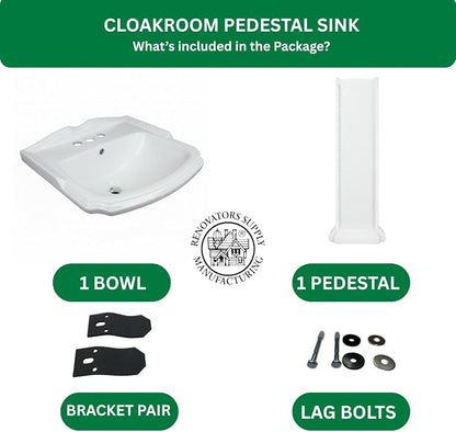 Renovators Supply Manufacturing Cloakroom Space Saving 19" W x 34" H x 15" Proj. Small Bathroom Pedestal Sink, Vitreous China, with Overflow, Compatible with 4 in. Centerset Faucets