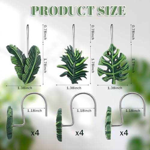 Amyhill 12 Pcs Tropical Leaf Decorative Shower Curtain Hooks Cute Green Monstera Deliciosa Leaves Curtain Rings Hanger Stainless Steel Resin Tropical Botanical Themed Hooks for Home Bathroom Decor