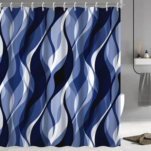 Navy Blue Striped Shower Curtain Extra Wide 108x72 inch 18 Hooks