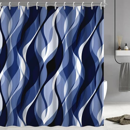 Navy Blue Striped Shower Curtain Extra Wide 108x72 inch 18 Hooks