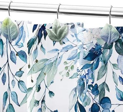 Blue Plant Leaf Shower Curtain Hooks,Eucalyptus Bathroom Decor,12PCS