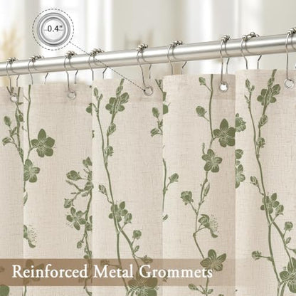 Sage Green Farmhouse Linen Shower Curtain, Boho Floral Fabric, 72 x 78