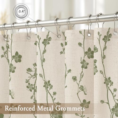 Sage Green Farmhouse Linen Shower Curtain, Boho Floral Fabric, 72 x 72