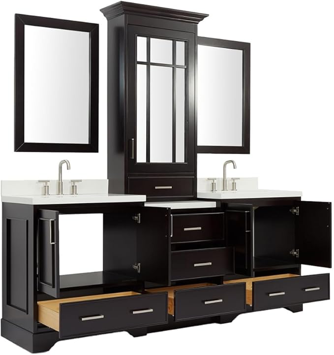 ARIEL Stafford 84-inch Bathroom Vanity with Sink,Solid Wood, 1.5-inch Pure White Quartz Countertop, Double Rectangular Porcelain Sink, 5 Soft Closing Doors, 6 Dovetail Drawers, Espresso