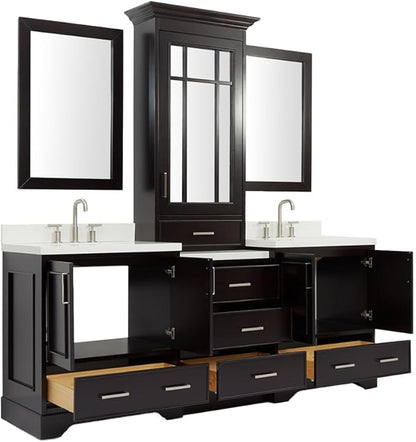 ARIEL Stafford 84-inch Bathroom Vanity with Sink,Solid Wood, 1.5-inch Pure White Quartz Countertop, Double Rectangular Porcelain Sink, 5 Soft Closing Doors, 6 Dovetail Drawers, Espresso