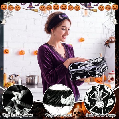 FuWeave 8 Pcs Halloween Shower Curtain Set for Bathroom Decor Include Dancing Skeleton Skull Ghost Pumpkin Towels Halloween Non Slip Spider Web Rugs Toilet Lid Cover Bat Bath Mat and 12 Hooks