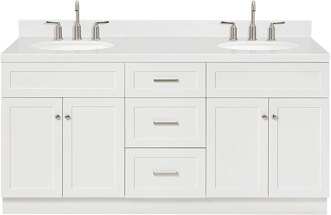 ARIEL Hamlet 72" Double White Bathroom Vanity, 1.5" Edge Carrara Quartz Countertop & Splash, Oval Sinks, 4 Soft Closing Doors, 3 Full Extension Dovetail Drawers, Toe Kick, Brushed Nickel