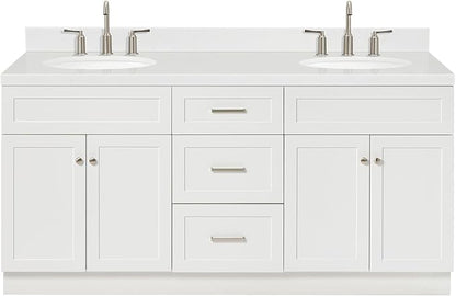 ARIEL Hamlet 72" Double White Bathroom Vanity, 1.5" Edge Carrara Quartz Countertop & Splash, Oval Sinks, 4 Soft Closing Doors, 3 Full Extension Dovetail Drawers, Toe Kick, Brushed Nickel