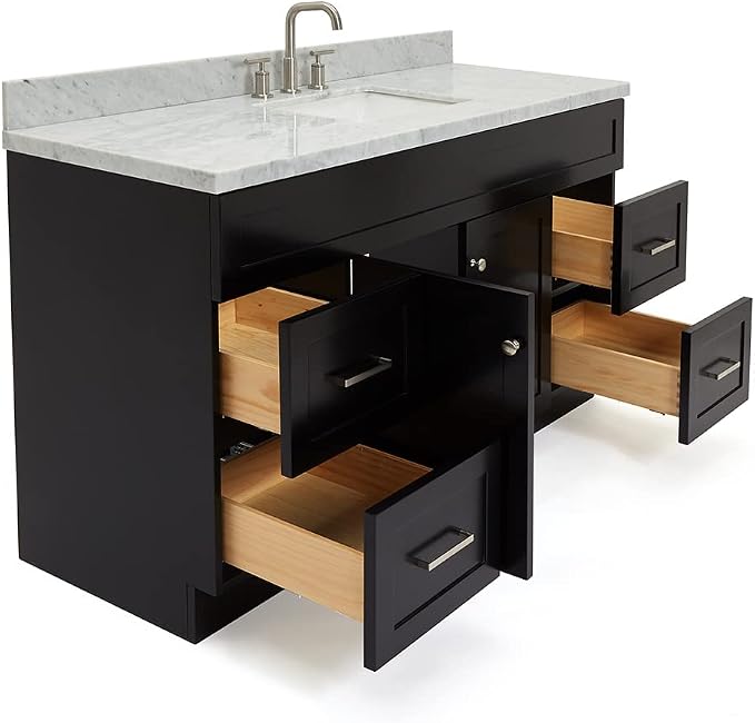 Bradford 60 Inch Bathroom Vanity Single Sink — Black Bathroom Vanity with Sink, 1.5" Edge Italian Carrara Marble Countertop, Solid Wood, 2 Soft-Close Doors, 4 Dovetail Drawers