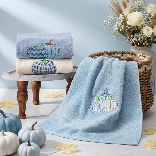 FuWeave 3 Pcs Blue White Fall Pumpkin Hand Towels for Bathroom