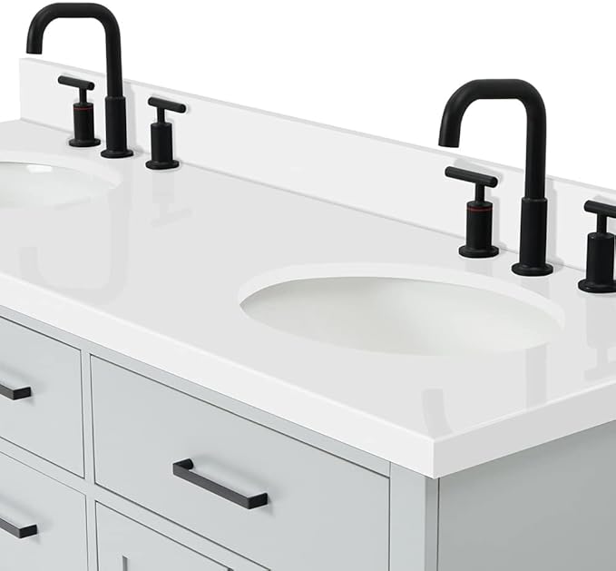 ARIEL Hepburn 60-inch Bathroom Vanity with Sink,Solid Wood, 1.5-inch Pure White Quartz Countertop & Backsplash, Double Oval Porcelain Sink, 4 Soft Closing Doors, 6 Dovetail Drawers, Grey