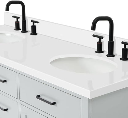 ARIEL Hepburn 60-inch Bathroom Vanity with Sink,Solid Wood, 1.5-inch Pure White Quartz Countertop & Backsplash, Double Oval Porcelain Sink, 4 Soft Closing Doors, 6 Dovetail Drawers, Grey
