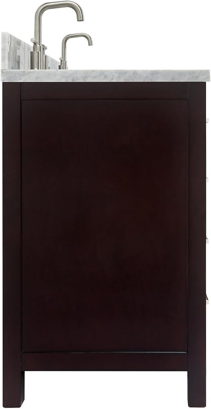 ARIEL Cambridge 66-inch Bathroom Vanity with Sink,Solid Wood, 1.5-inch Italian Carrara Marble Countertop, Double Rectangular Porcelain Sink, 4 Soft Closing Doors, 6 Dovetail Drawers, Espresso
