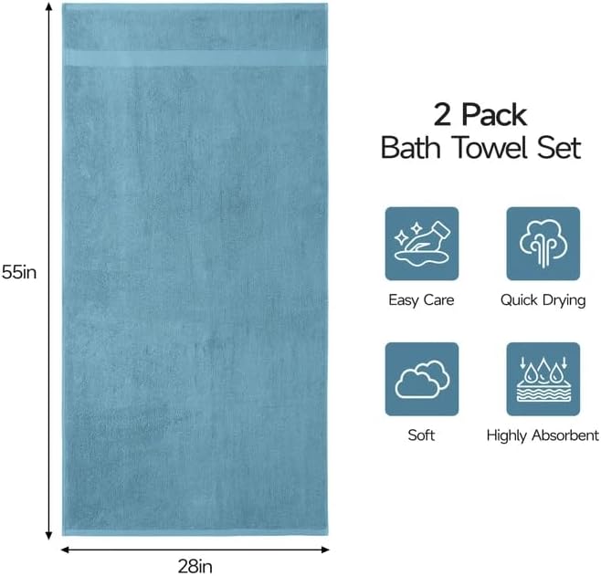 ecolook 2 Pack 100% Cotton Bath Towels, 28 x 55 Inches, Soft