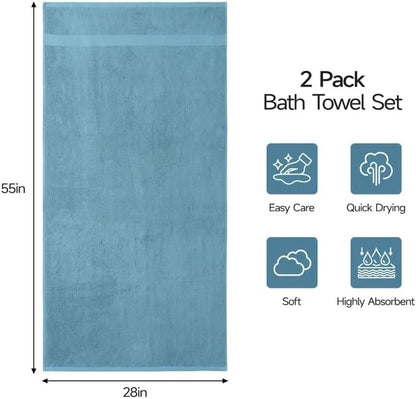 ecolook 2 Pack 100% Cotton Bath Towels, 28 x 55 Inches, Soft
