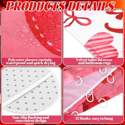 FuWeave 8 Pcs Valentines Shower Curtain Set Red Conversation Hearts Sweet Romantic Bathroom Decor Valentines Day Waterproof Shower Curtain Towels Non Slip Rug Toilet Lid Cover Bath Mat with 12 Hooks