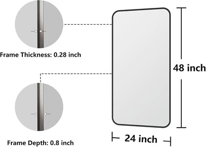 Koonmi Bathroom Mirror, 24X48 Brushed Black Metal Framed Wall-Mounted Mirror for Over Sink, HD Tempered Glass, Anti-Rust, Rounded Rectangle Mirror for Restroom, Bedroom, Hangs Horizontal or Vertical