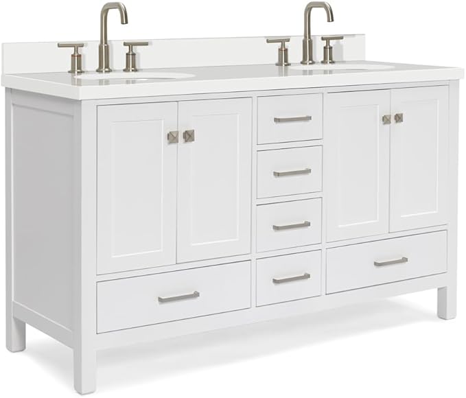 ARIEL Cambridge 60-inch Bathroom Vanity with Sink,Solid Wood, 1.5-inch Pure White Quartz Countertop & Backsplash, Double Oval Porcelain Sink, 4 Soft Closing Doors, 6 Dovetail Drawers, White