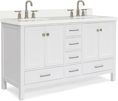 ARIEL Cambridge 60-inch Bathroom Vanity with Sink,Solid Wood, 1.5-inch Pure White Quartz Countertop & Backsplash, Double Oval Porcelain Sink, 4 Soft Closing Doors, 6 Dovetail Drawers, White