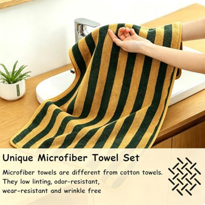 18 Pcs Yellow Green Cabana Stripe Bath Towel Set with Hanging Loop-6 Bath Towels,6 Hand Towels,6 Washcloths Family Towels Soft Microfiber Highly Absorbent Shower Towel for Bathroom Beach Spa Gym