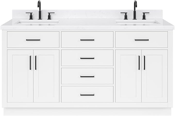 ARIEL Hepburn 66-inch Bathroom Vanity with Sink,Solid Wood, 1.5-inch Carrara White Quartz Countertop & Backsplash, Double Rectangular Porcelain Sink, 4 Soft Closing Doors, 6 Dovetail Drawers, White