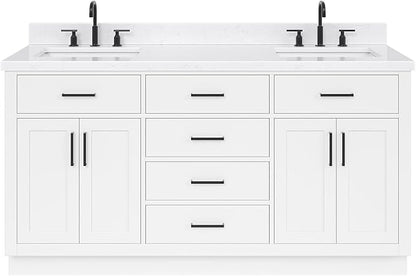 ARIEL Hepburn 66-inch Bathroom Vanity with Sink,Solid Wood, 1.5-inch Carrara White Quartz Countertop & Backsplash, Double Rectangular Porcelain Sink, 4 Soft Closing Doors, 6 Dovetail Drawers, White