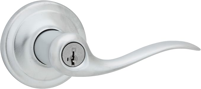 Kwikset Tustin Entry Door Handle with Lock and Key, Secure Keyed Reversible Lever Exterior, Doorlock, For Front Entrance and Bedrooms, Satin Chrome, Pick Resistant Smartkey Rekey Security