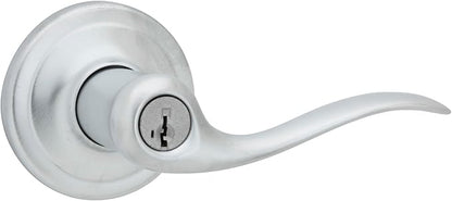 Kwikset Tustin Entry Door Handle with Lock and Key, Secure Keyed Reversible Lever Exterior, Doorlock, For Front Entrance and Bedrooms, Satin Chrome, Pick Resistant Smartkey Rekey Security
