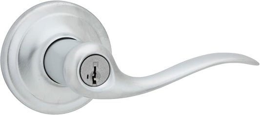 Kwikset Tustin Entry Door Handle with Lock and Key, Secure Keyed Reversible Lever Exterior, Doorlock, For Front Entrance and Bedrooms, Satin Chrome, Pick Resistant Smartkey Rekey Security