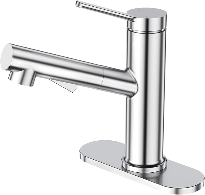 Faustina Bathroom Faucet with Pull Out Sprayer, Polished Finish Bathroom Sink Faucet for Vanity or Laundry, Stainless Steel 1 Handle with Deck Plate for 1 or 3 Hole