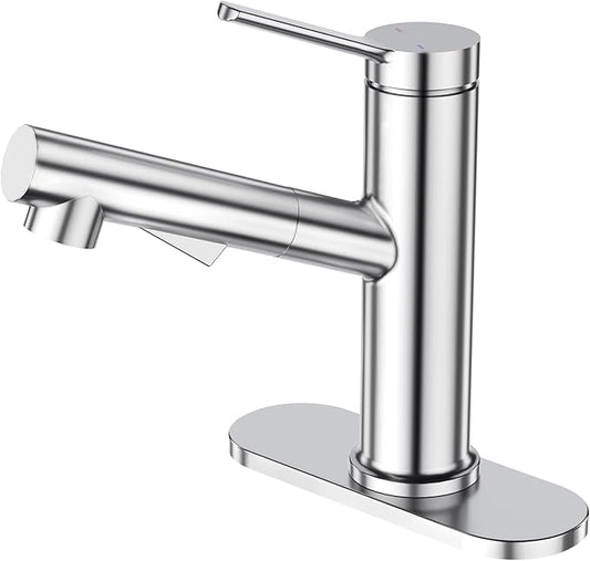Faustina Bathroom Faucet with Pull Out Sprayer, Polished Finish Bathroom Sink Faucet for Vanity or Laundry, Stainless Steel 1 Handle with Deck Plate for 1 or 3 Hole