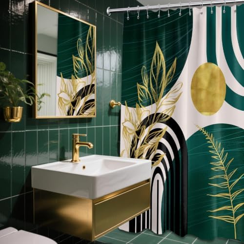 Emerald Green and Gold Extra Long Shower Curtain, Tall 72X84 in