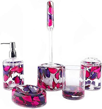 Locco Decor 5 Piece Acrylic Liquid 4D Floating Motion Bathroom Vanity Accessory Set Garden Theme Leaf Toothbrush Holder, Tumbler, Soap Dispenser, Soap Dish, Toiletbrush Holder Set