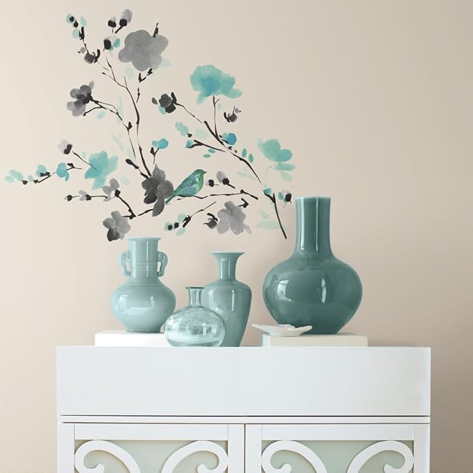 RoomMates Blossom Watercolor Bird Branch Peel and Stick Wall Decals, Multi Color, Vinyl, 33-in x 26.75-in, Made in USA