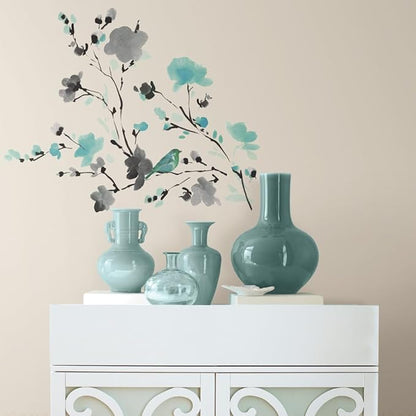 RoomMates Blossom Watercolor Bird Branch Peel and Stick Wall Decals, Multi Color, Vinyl, 33-in x 26.75-in, Made in USA