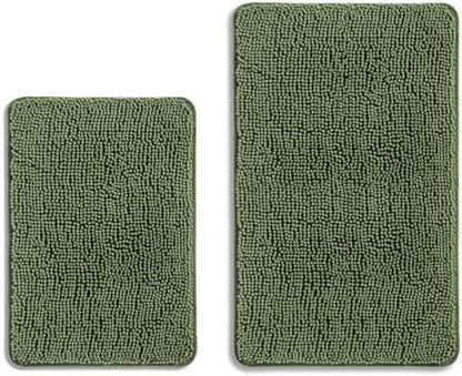 Loden Green Bathroom Rugs Sets 2 Piece – Absorbent and Washable Bath Mat, Non-Slip, Thick Soft Chenille Bath Rugs for Bathroom Floor, Shower, Sink - 17" x 24"+20" x 32"