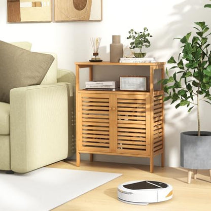 Tangkula Bamboo Floor Cabinet, Bathroom Storage Cabinet with Double Slatted Doors, Open Shelf, Removable Shelf, Storage Organizer for Bathroom Doorway Living Room Kitchen