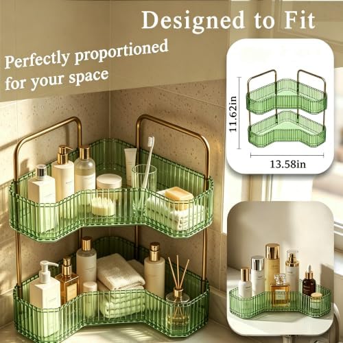 2-Tier Corner Bathroom Organizer, Skincare Vanity Counter Shelf Green