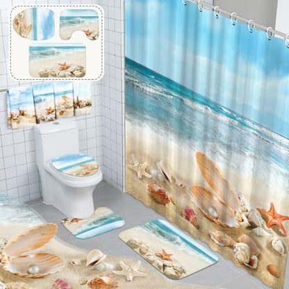 FuWeave 8 Pcs Coastal Shower Curtain Set Ocean Beach Bathroom Decor